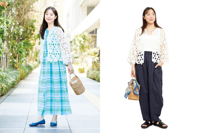 【おしゃれな人の春の着まわしコーデ】シップス エニィ プレス・半田 麗さんがチェックワンピースとクロシェ編みカーデを素敵に着まわし