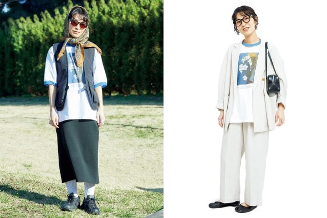 【おしゃれな人の春の着まわしコーデ】調光サングラスとTシャツをZoffプレス・福原恵子さんが大人っぽく着こなし