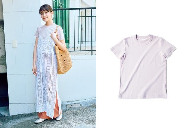 30代女子の【ユニクロ クルーネックＴシャツ】大人な着まわしコーディネート。重ね着＆ピンクがかわいい！