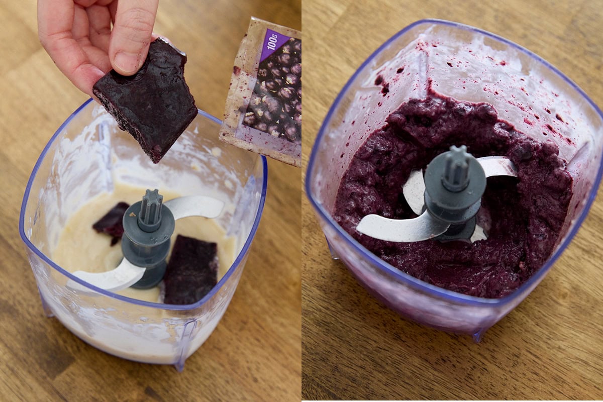 アサイーピューレを割り入れて、再度ミキサーにかける