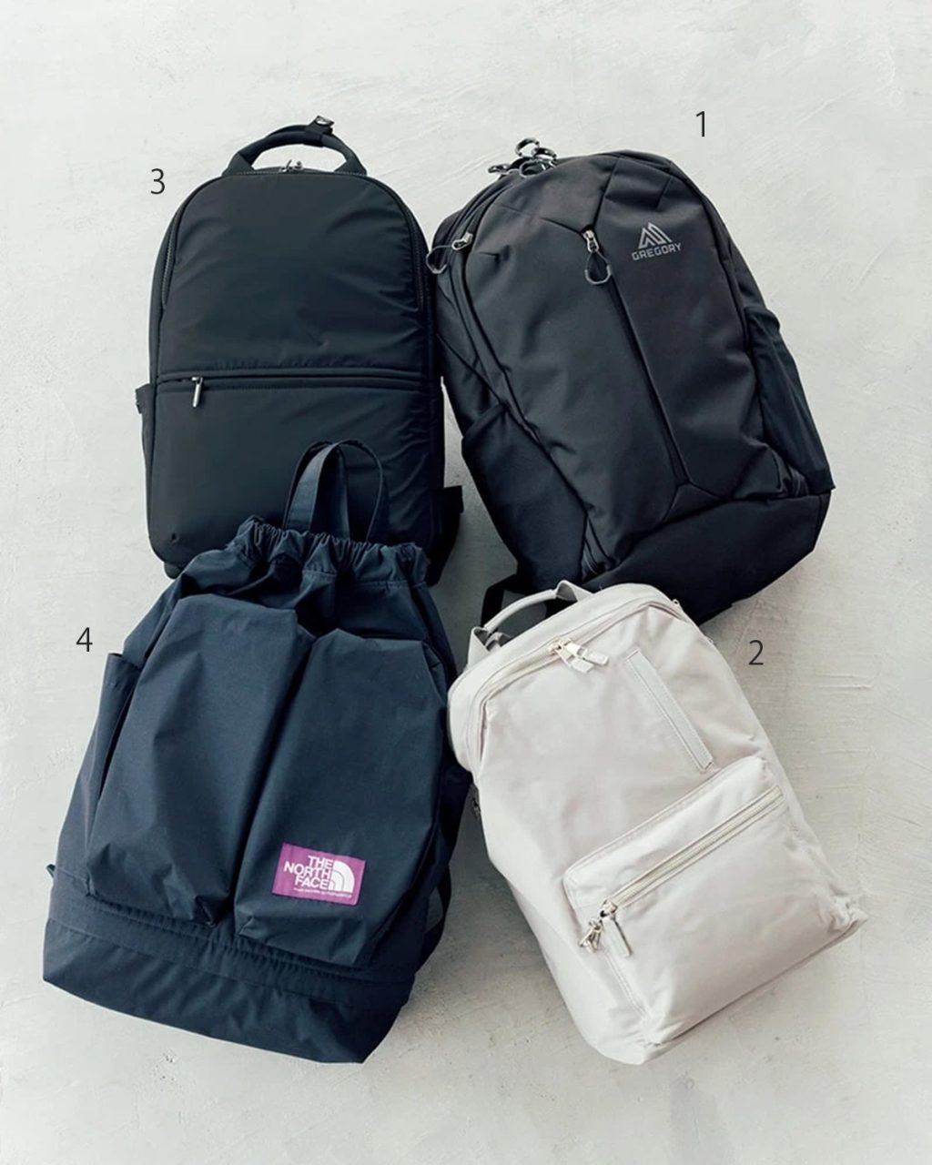 ［H50×W31×D23］¥44,000／グレゴリー（グレゴリー／サムソナイト・ジャパン）、［H42× W29× D17］¥24,200／ダブルアンド デイナイト（エース）、バックパック［H55×W50×D16］¥29,700／ザ ノース・フェイスパープルレーベル（ナナミカ マウンテン）、［H42×W29×D14］¥38,500／サムソナイト（サムソナイト・ジャパン）