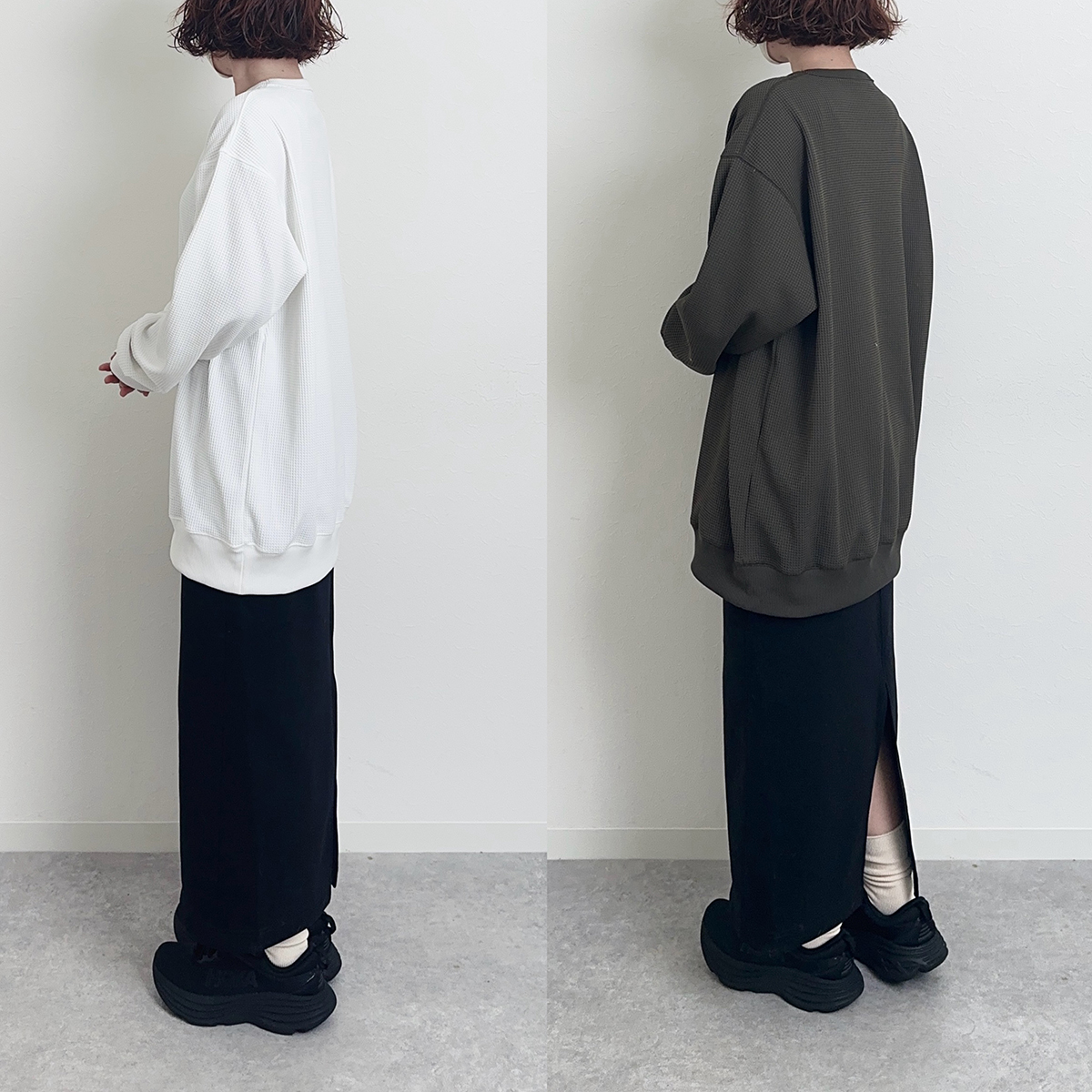 無印良品のワッフルTシャツを着比べた結果、Lサイズはすっきりとしたイメージで、XLサイズは少し丸みのあるシルエットに。