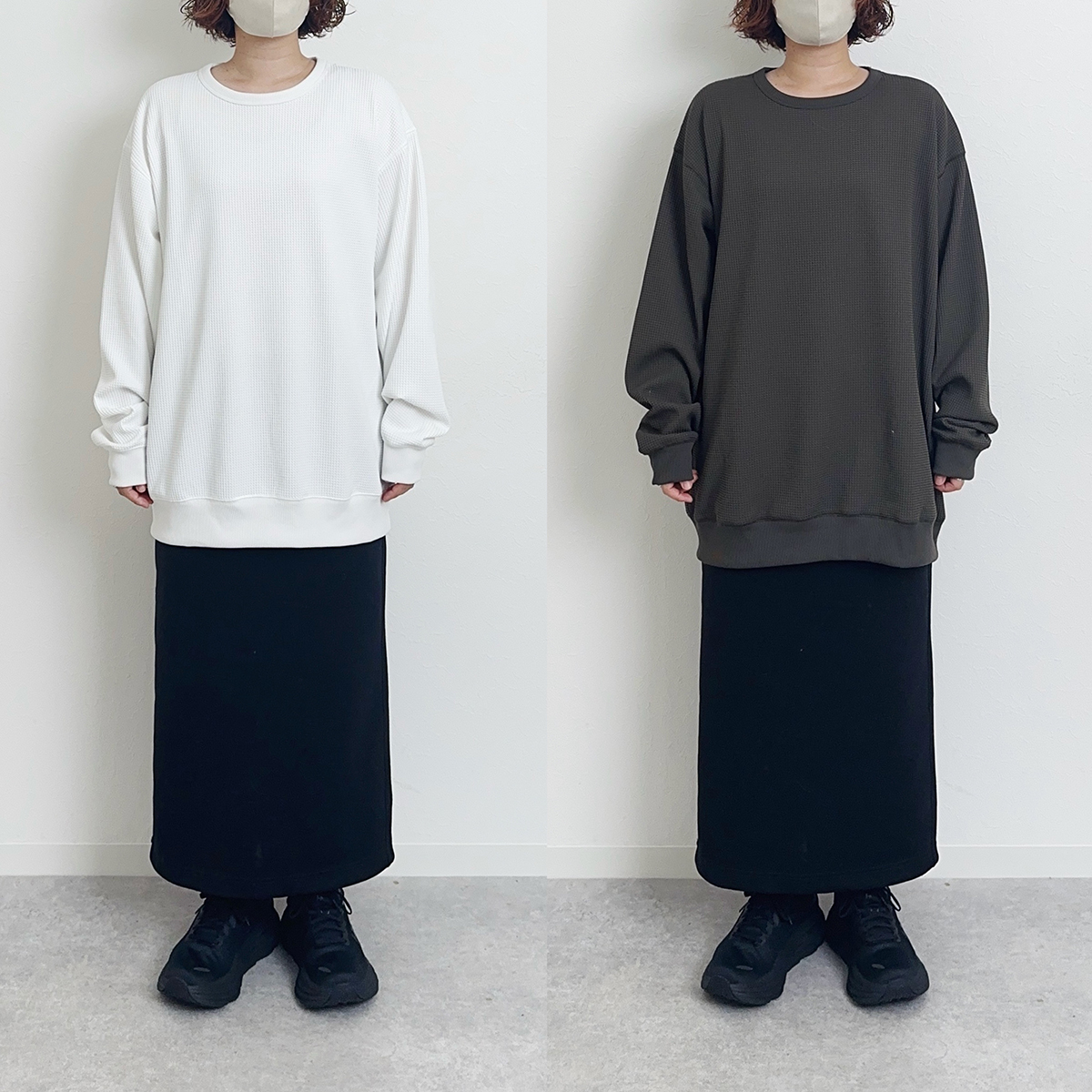 無印良品のワッフルTシャツを着比べてみた！ Lサイズ比較的直線的で、XLサイズは裾にかけてゆとりができる。