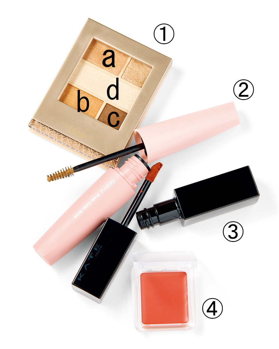 ①ダブル ムード アイズ BR-2 ¥1,540（編集部調べ）／ヴィセ（コーセー） ②シアーカラーブロウ シアーベージュ ¥990／デジャヴュ（イミュ）③リップモンスター　スフレマット M04 ¥1,650（編集部調べ）／ケイト（カネボウ化粧品）