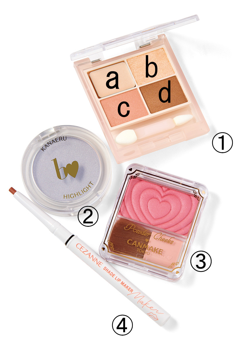 ①キス ズームアイポーション 02 ¥1,760／KISSME（伊勢半）　②叶えるハイライト 101 透明感パープル（数量限定）¥1,980／ビーアイドル（かならぼ）　③パウダーチークス P40thx ¥660／キャンメイク（井田ラボラトリーズ）