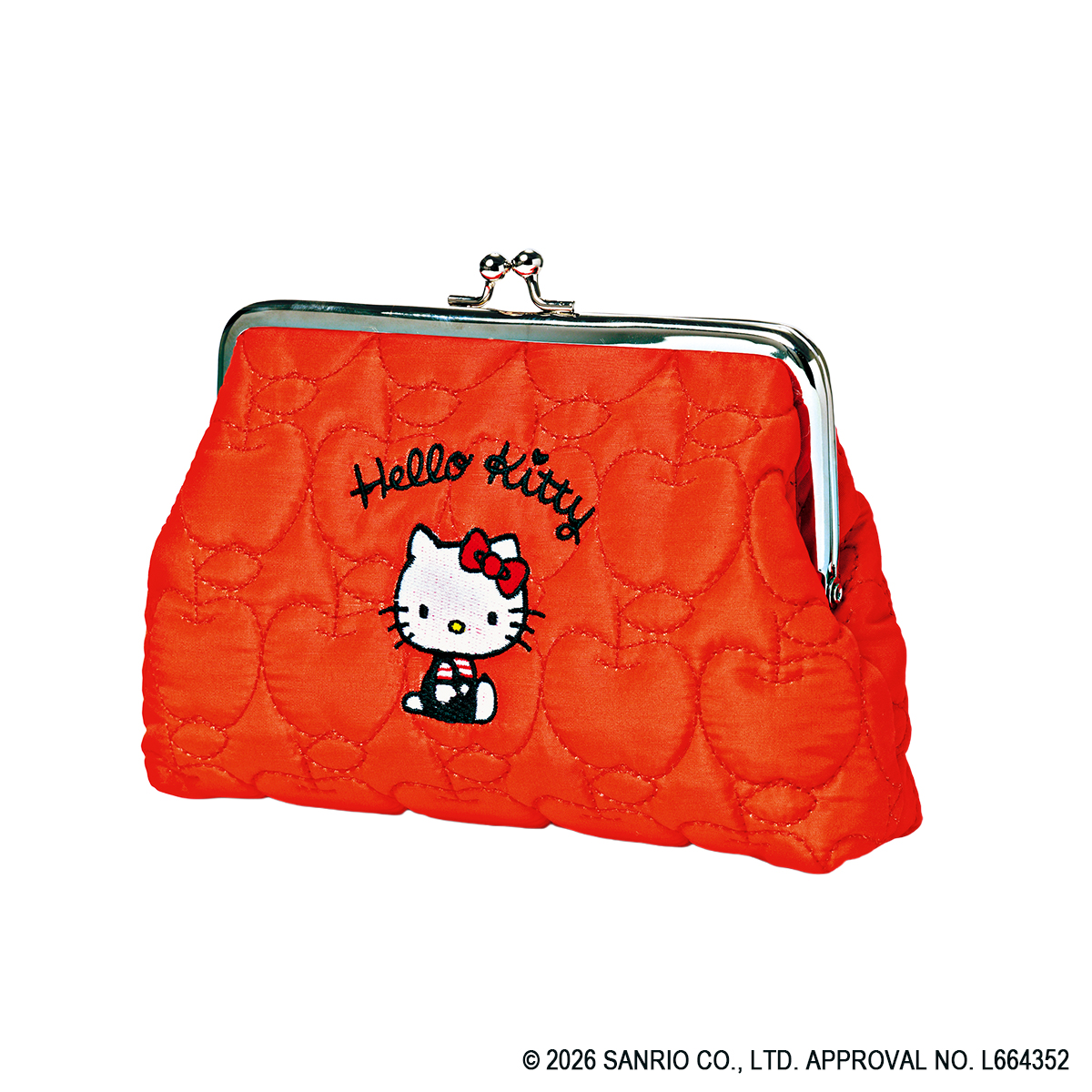 「ハローキティ」のリンゴ柄にときめく刺しゅう入りがま口ポーチりんごを模ったキルティング柄に、ハローキティの刺しゅうがかわいい。