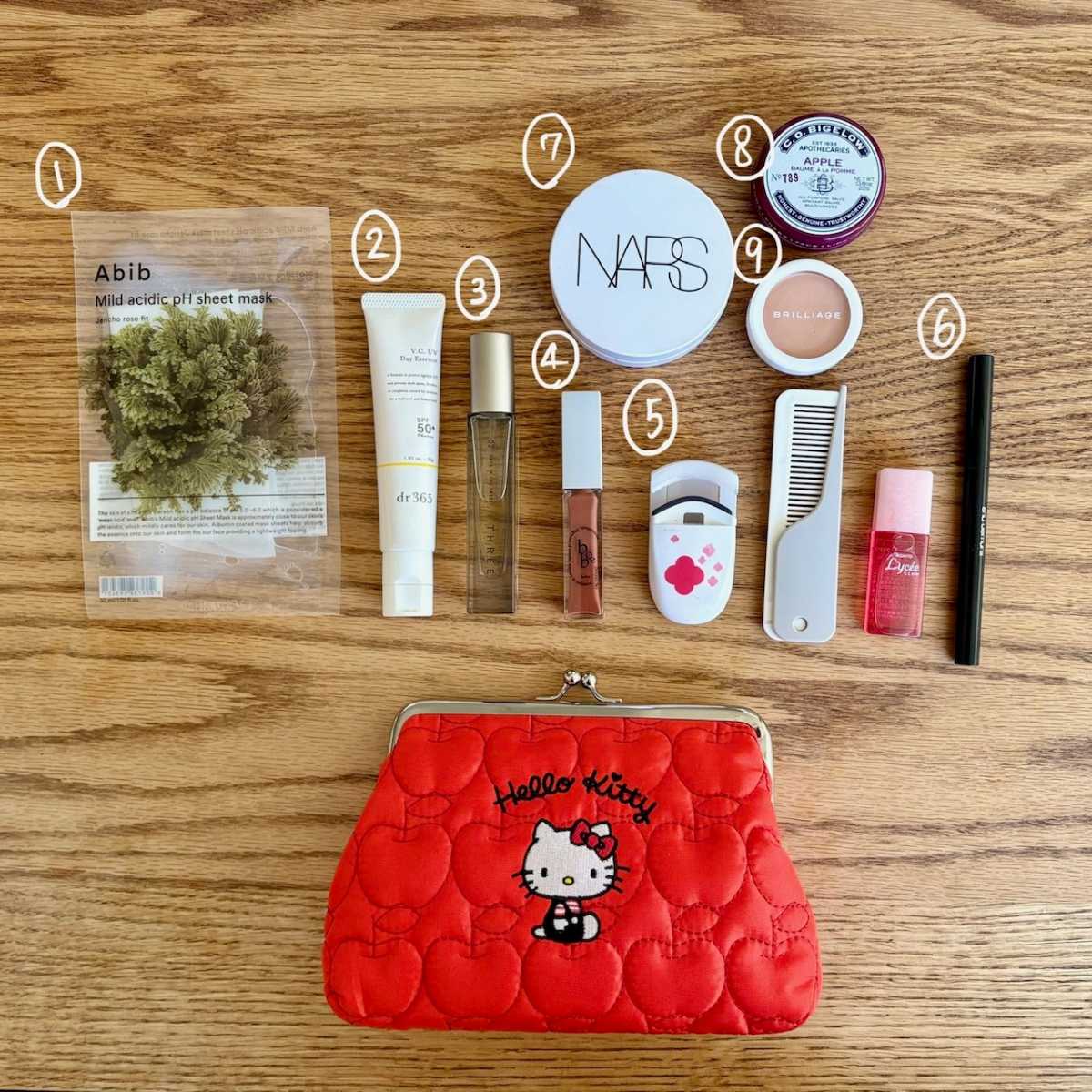 リンネル3月号増刊付録 ハローキティの刺しゅう入りがま口ポーチの中に入れた温活セット