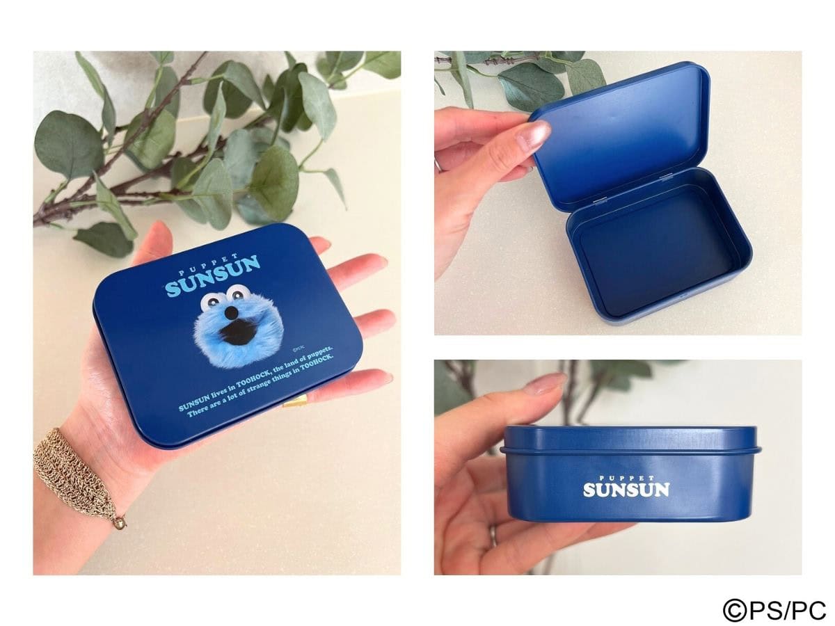 リンネル5月号付録パペットスンスン缶ケースを手の平に載せた様子と、開けた図、横から見た図