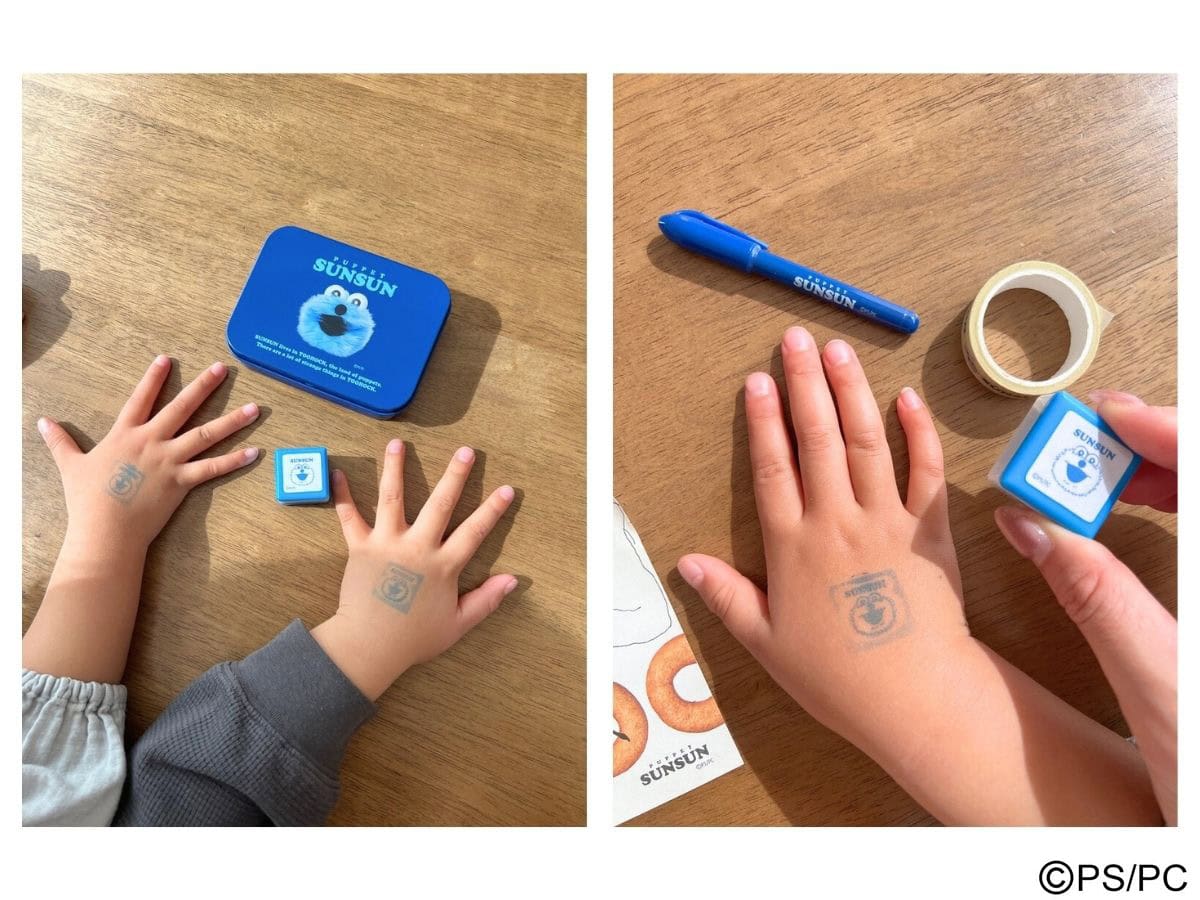 リンネル5月号パペットスンスン付録のスタンプを幼児の手の甲に押した様子。