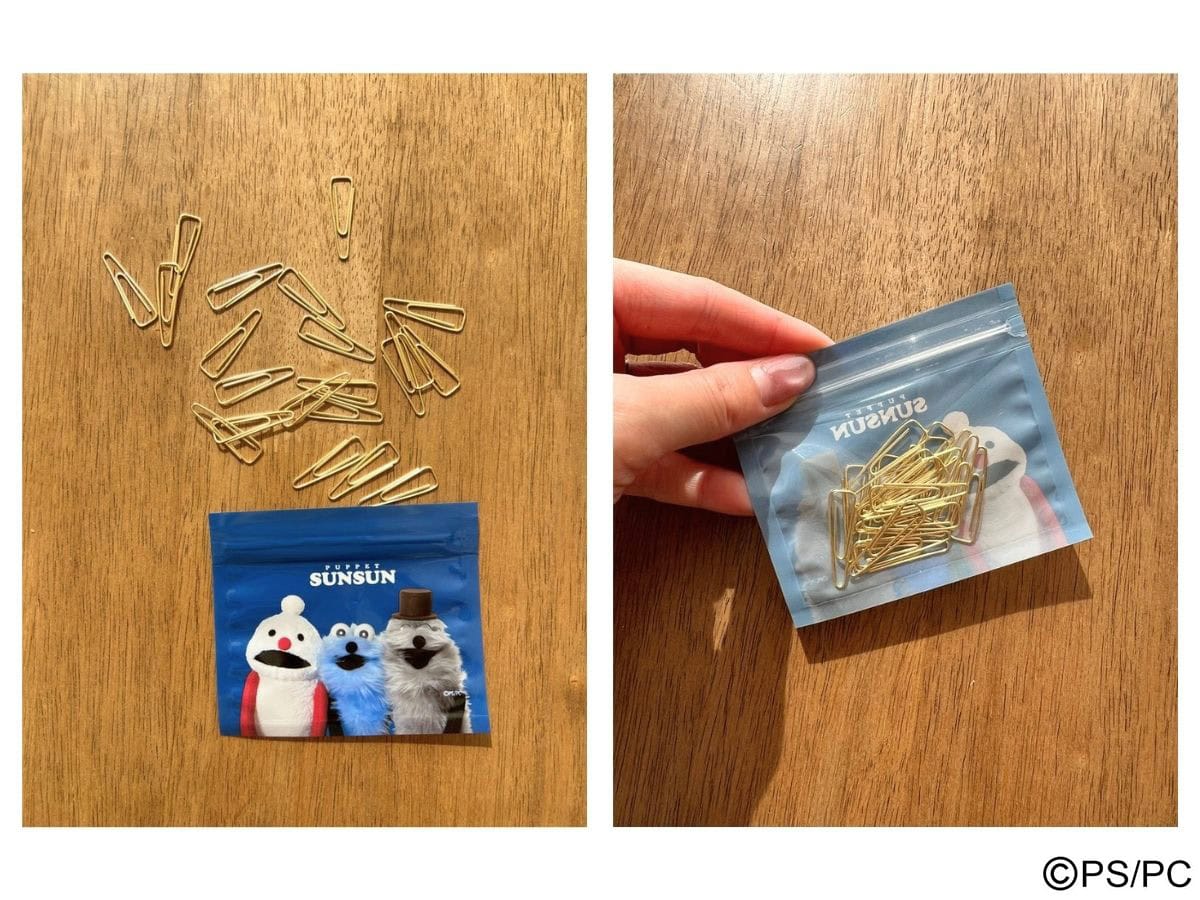 リンネル5月号パペットスンスン付録のジッパーケースに金色のゼムクリップを入れた様子