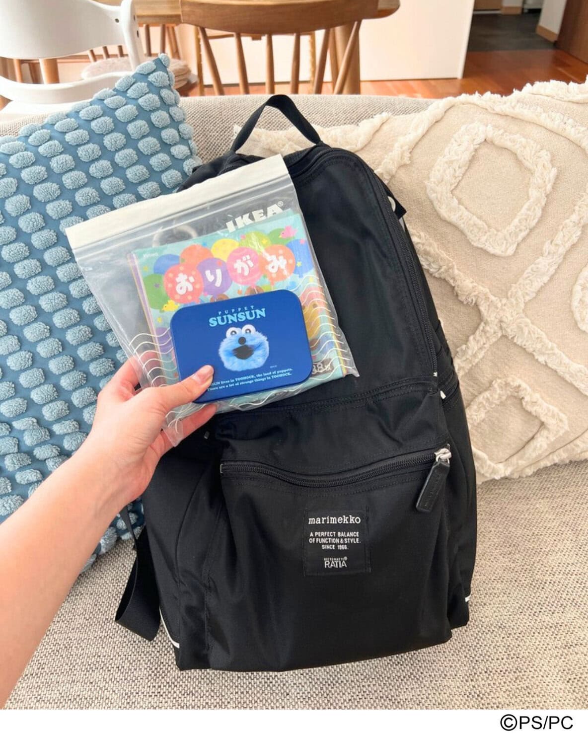 リンネル5月号パペットスンスン付録の缶ケースと工作セットをマリメッコのリュックサックへ