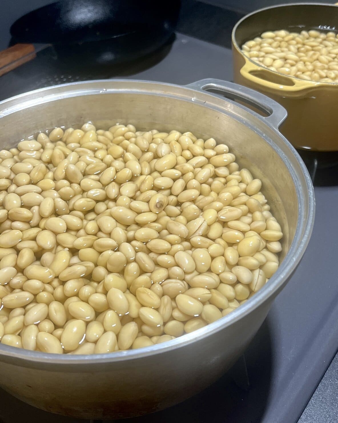 味噌づくりで大豆の浸水が終わったところ