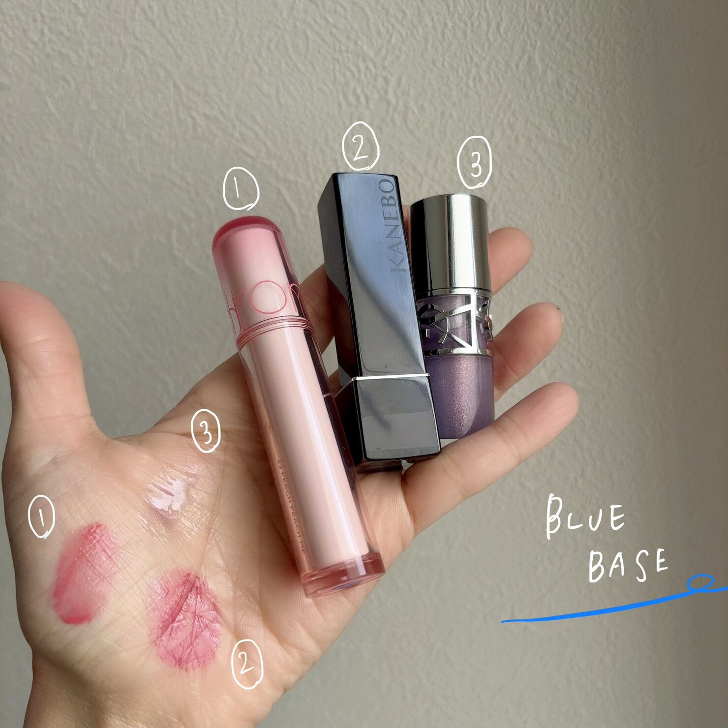 ブルベさんにおすすめの春色リップ rom&nd THE JUICY LASTING TINT 23、カネボウ ルージュスターヴァイブラント 14、イヴ・サンローラン YSL ラブシャイン グロスプランパー 1