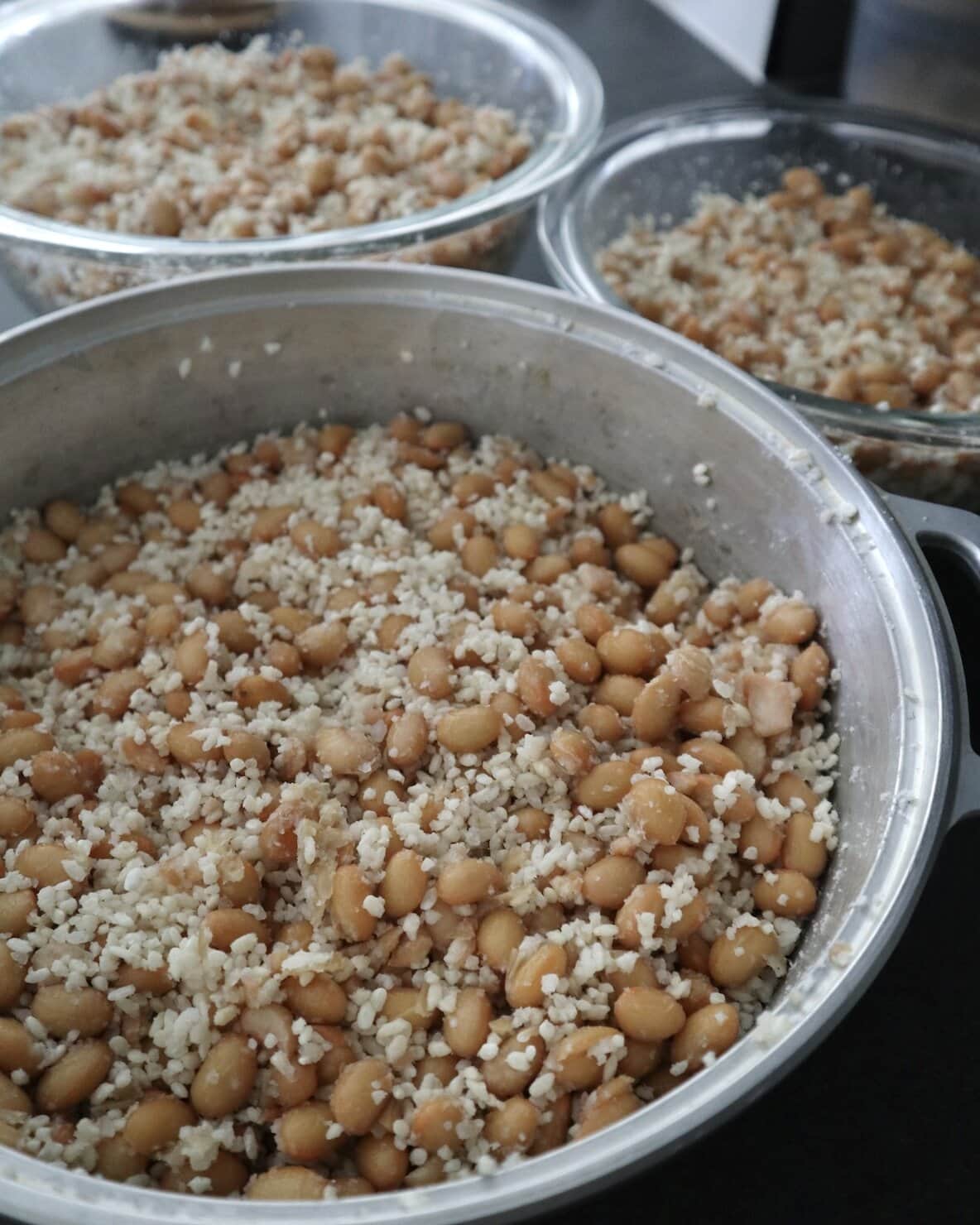 味噌づくりで大豆と塩きり麹を混ぜたところ