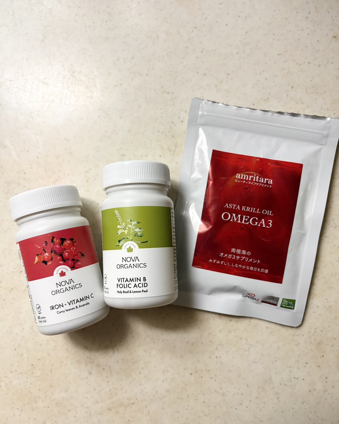 ノバオーガニクスの鉄分サプリ、葉酸サプリとアムリターラのOMAGA3