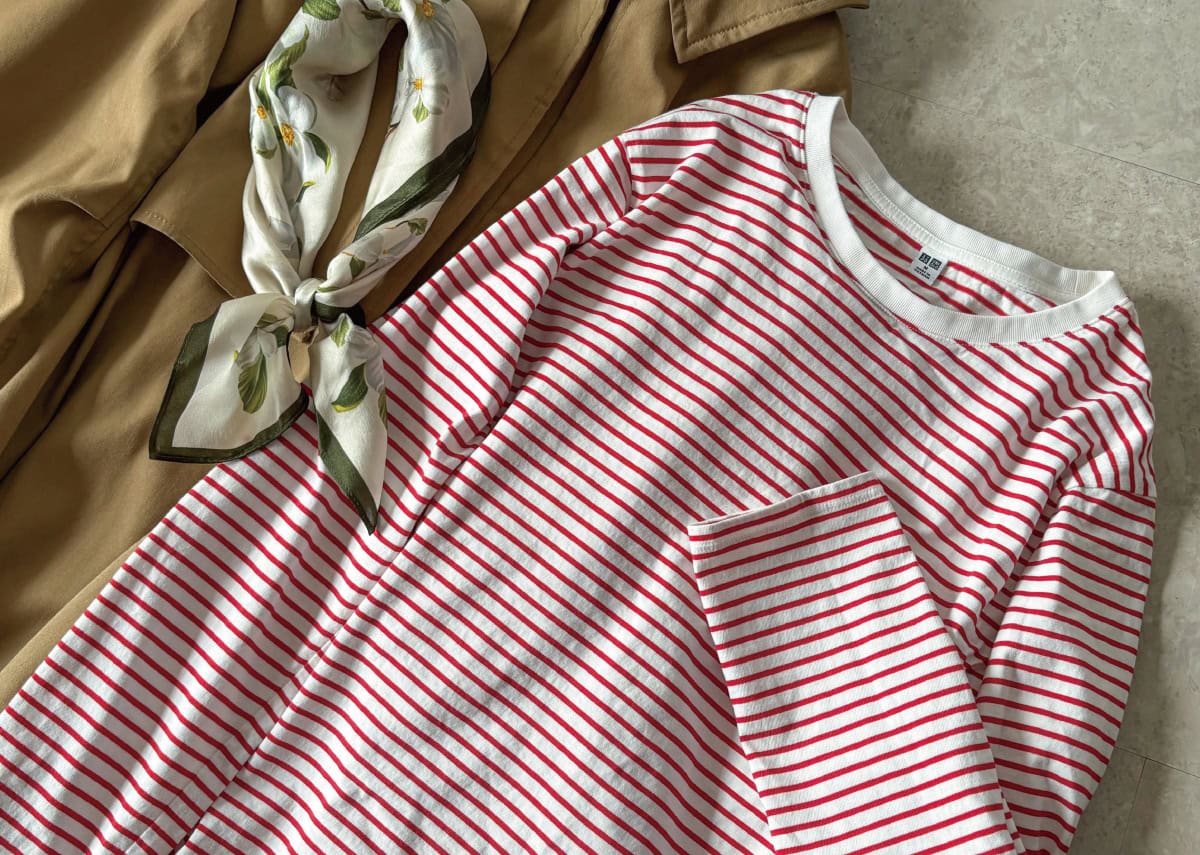 ユニクロ ソフトコットンラウンドヘムT/長袖/ボーダー RED