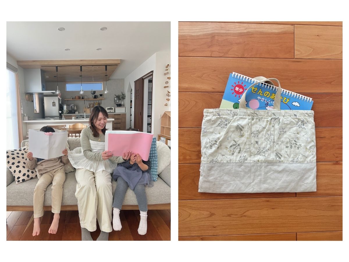 持ち帰った作品を親子で見る様子と子どもの手提げ袋