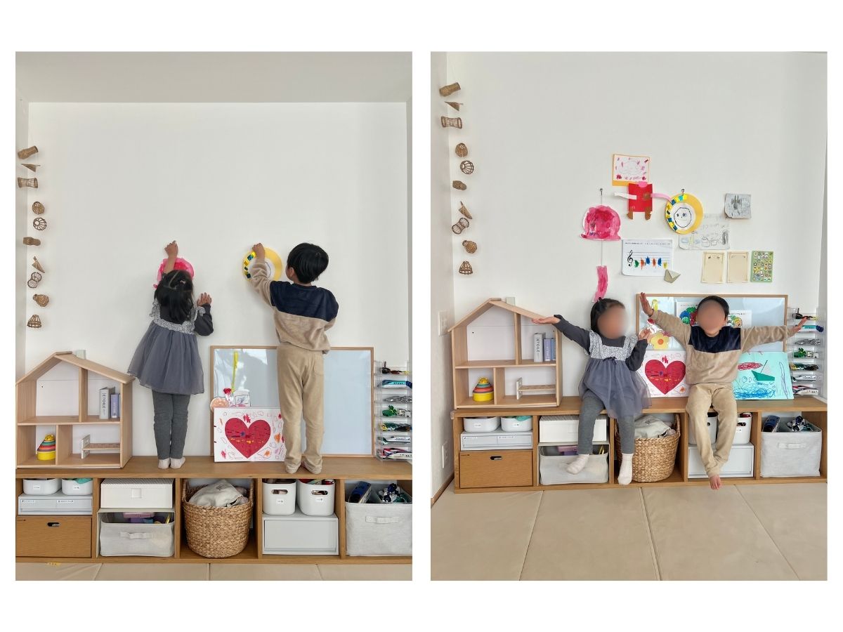 作品を飾ったリビングの一角の無印良品の棚とおもちゃコーナー
