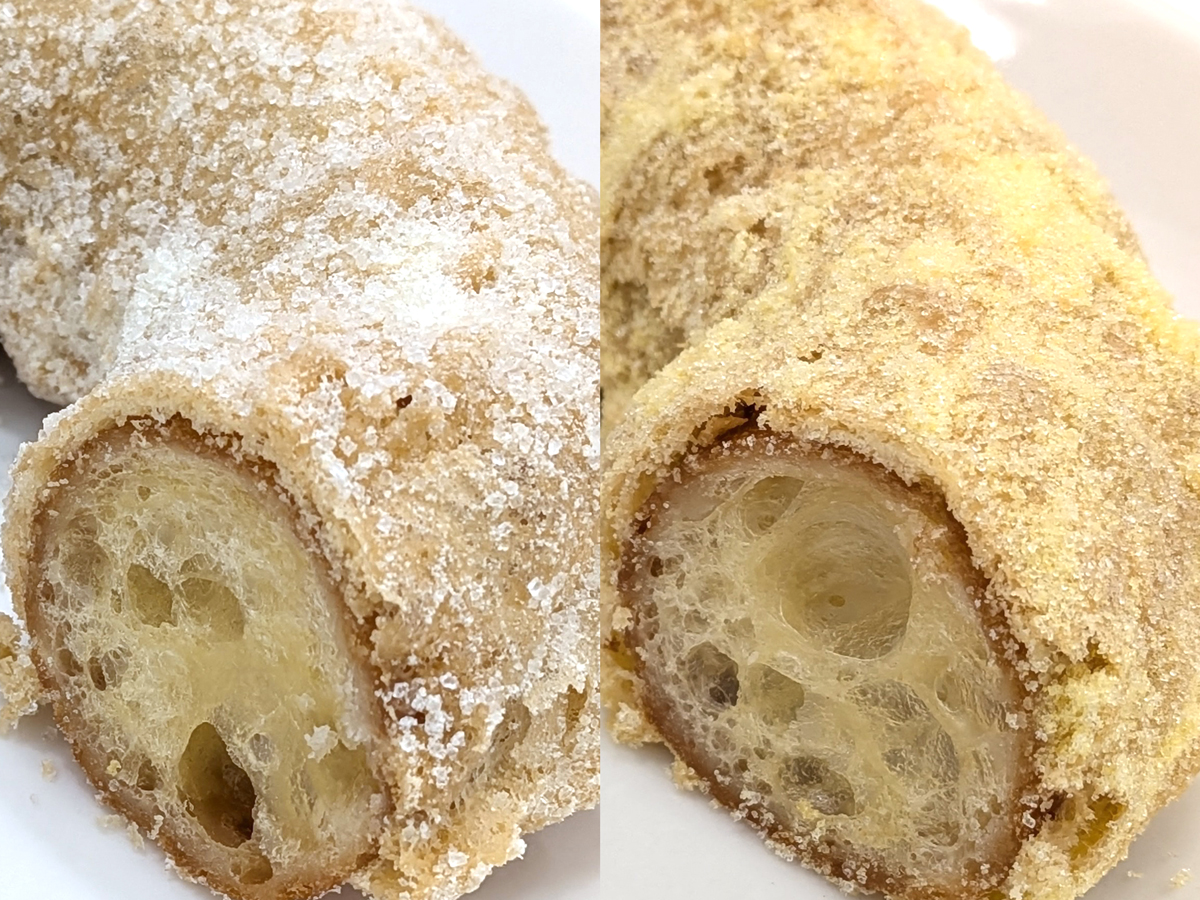 4月27日発売。ミスタードーナツの新商品『サクぽふん』の砂糖の粒の大きさの違い