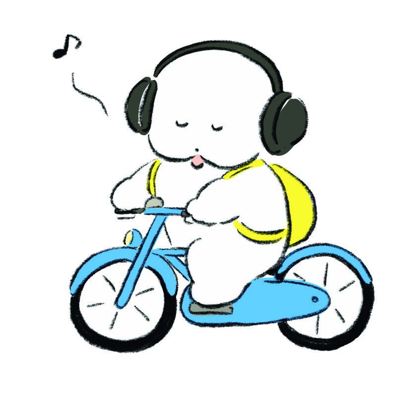 自転車で音楽を聴きながら運転をするワヌ山【リンネル6月号】
