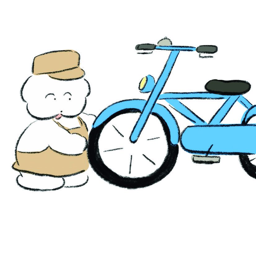 自転車のパンクをチェックするワヌ山【リンネル6月号】
