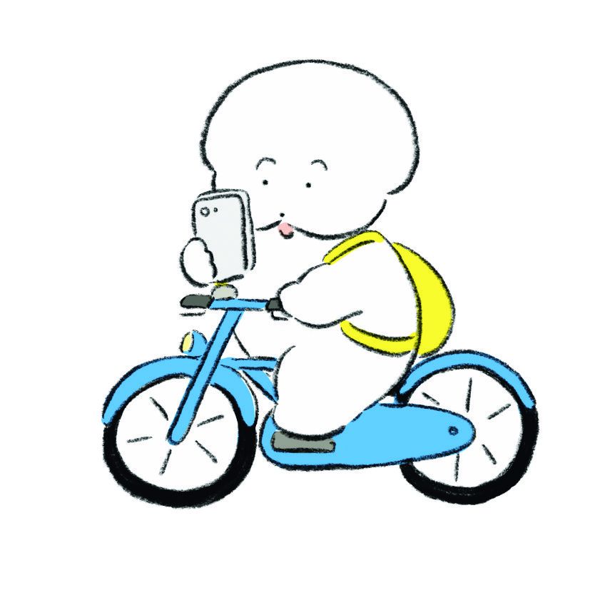 自転車でスマホのながら運転をするワヌ山【リンネル6月号】