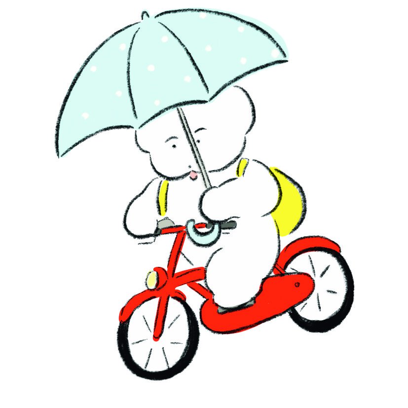 自転車で傘さし運転をするワヌ山【リンネル6月号】