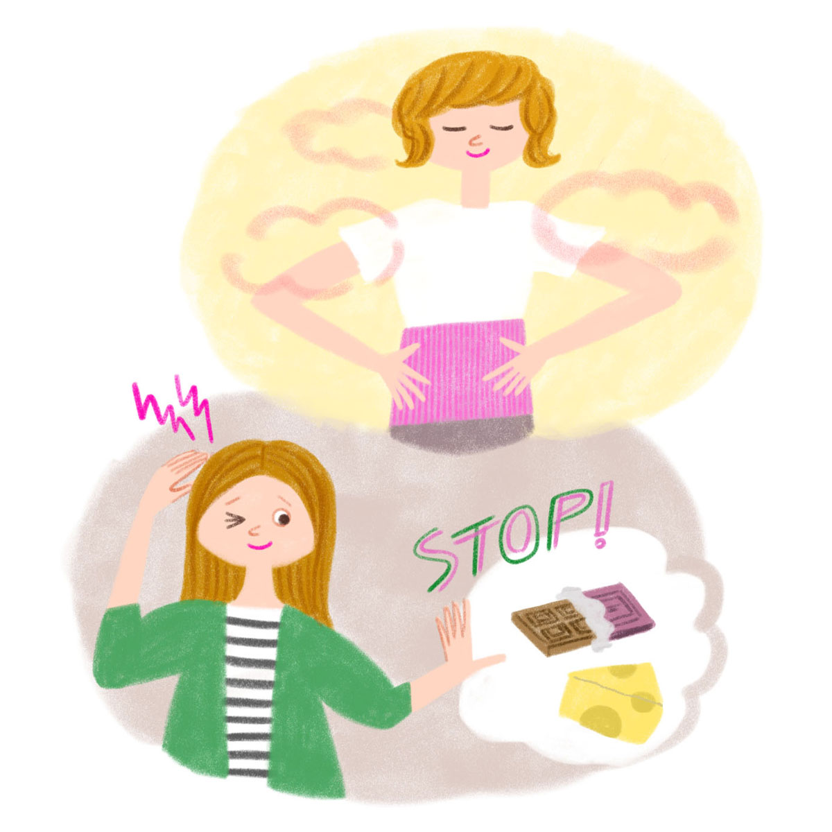 生理中の腹痛や腰痛を和らげたいときは下腹部や仙骨を温め、片頭痛がつらいときはチラミン含まれているチョコレートやチーズ、ワインは避ける