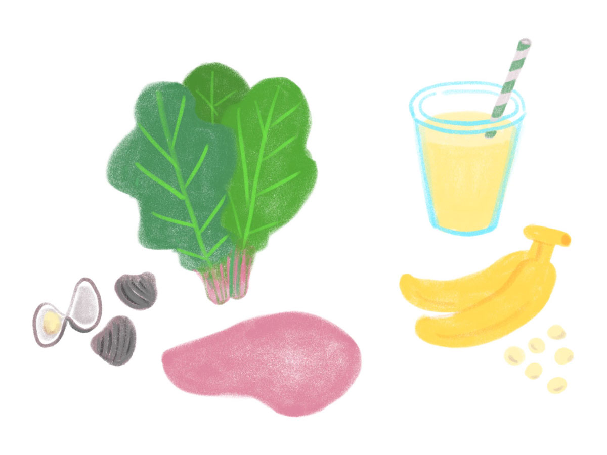 生理中にとりたい鉄や亜鉛がとれるほうれんそう、レバー、しじみと、トリプトファンがとれる豆乳バナナスムージー