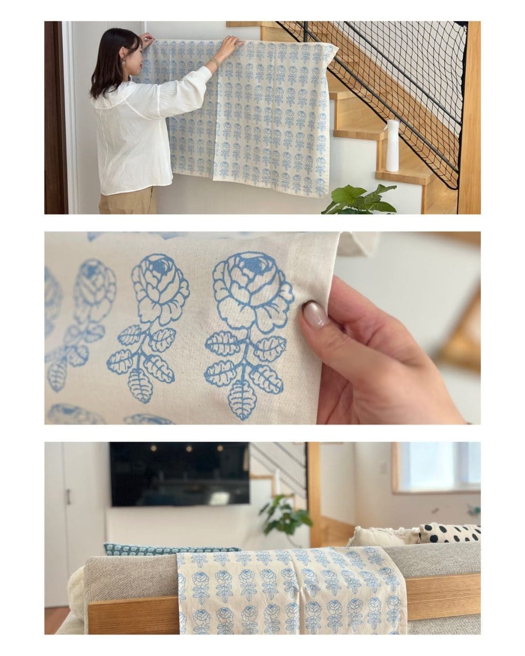 リビングインテリアとして楽しんでいるマリメッコVihkiruusu(ヴィヒキルース)の布