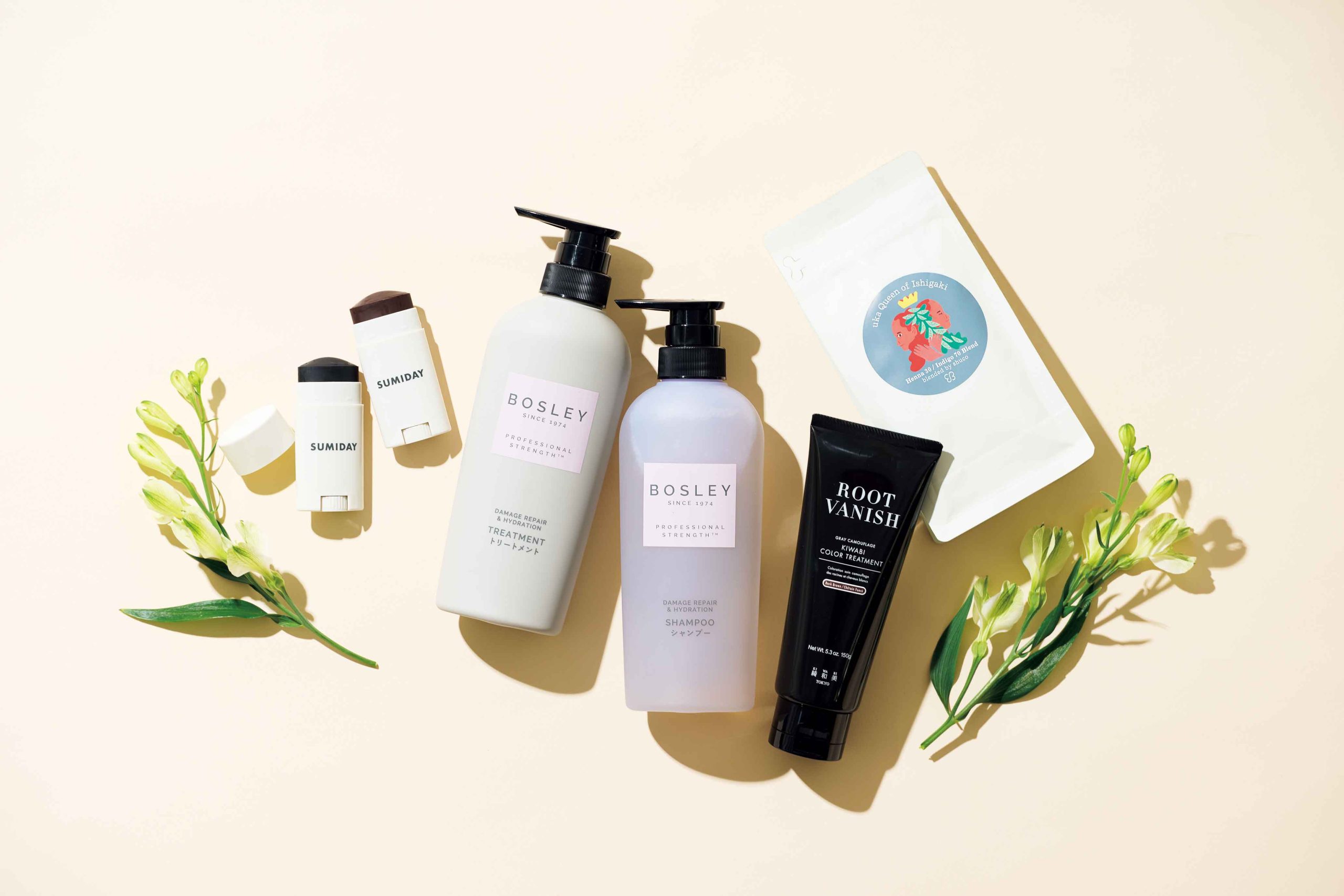 お悩み別ヘアケア対策&おすすめ商品15選 白髪 uka Queen of Ishigaki BlendⅡ 110g ¥4,950/ウカ(ウカトーキョーヘッドオフィス) カラートリートメント 全3色 ¥5,478/KIWABI(スリーエム)シャンプー、トリートメント 各400mL 各¥1,980/ボズレー(ネイチャーラボ)ヘアバーム ブラック、ダークブラウン 15g 各¥2,970/スミデー(リベルタ)