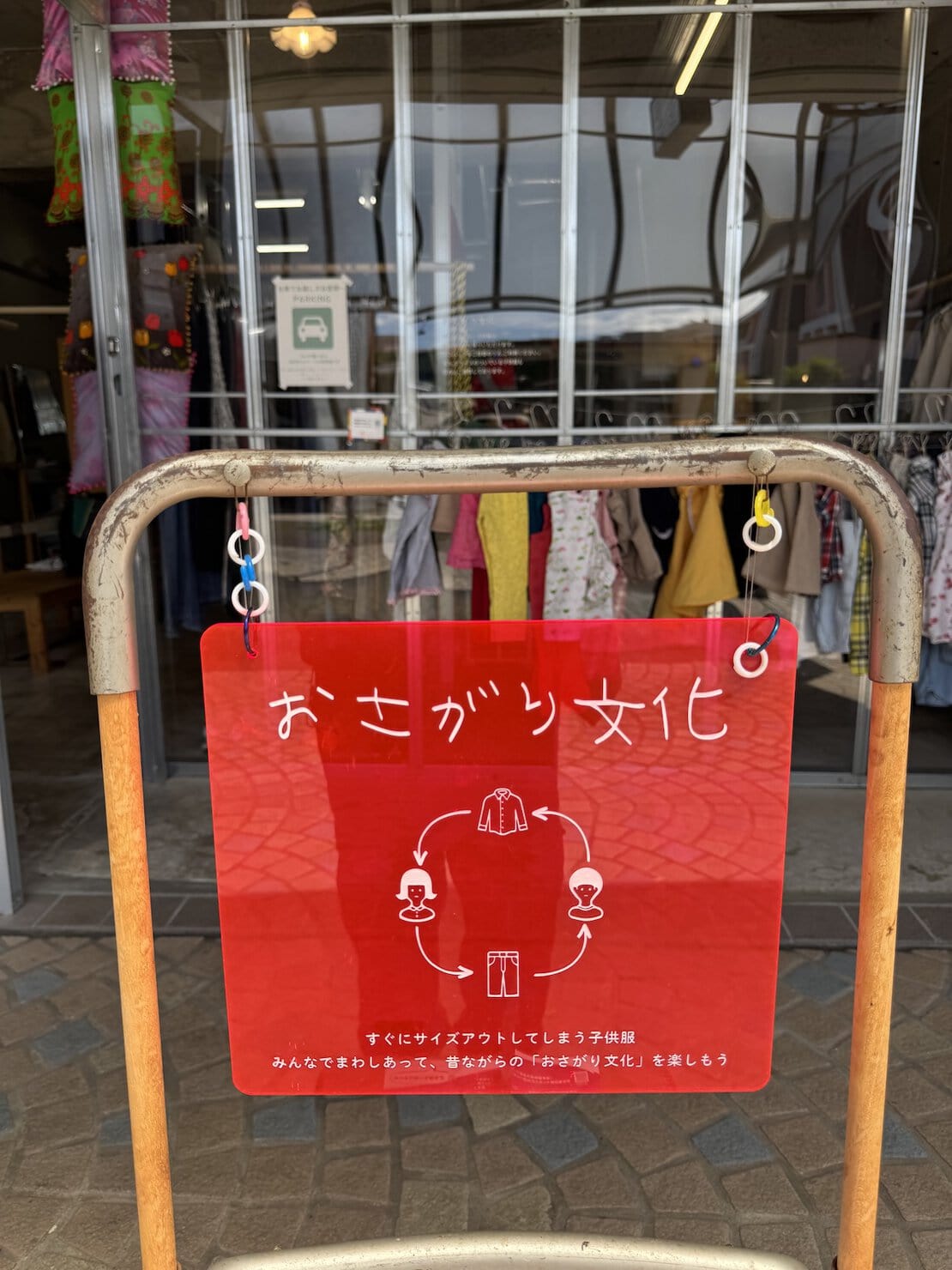 多摩市落合商店街の古着店SAJIのおさがり文化の看板