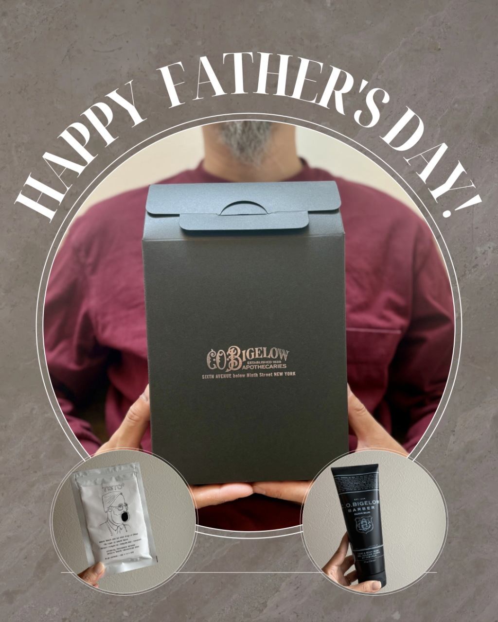 父の日ギフトのHappy Father's Day!BOXをもつ夫