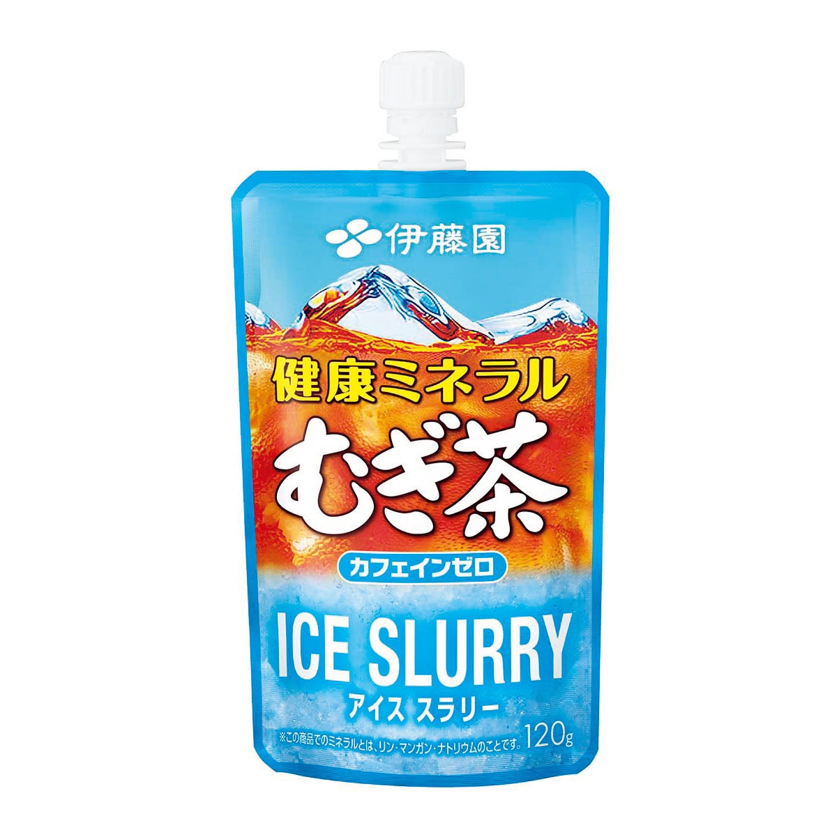 カフェインゼロ、汗で失われがちなミネラルを含む特徴を活かした凍らせて飲むパウチ飲料。健康ミネラルむぎ茶 アイス スラリー