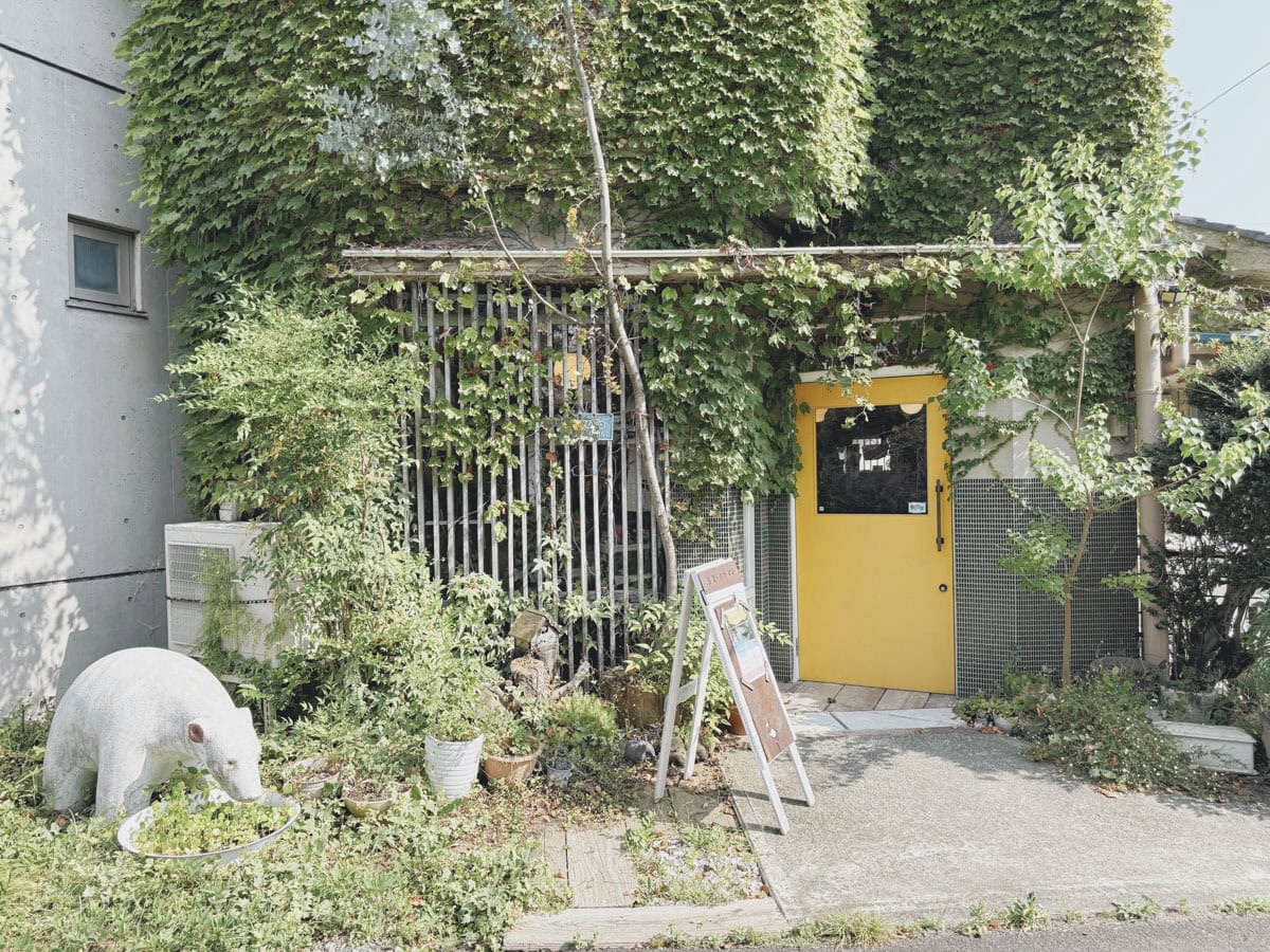かわいい黄色の扉が目印のflamant(フラマン)さんの外観です。 夏は蔦がぐんぐん伸びて、お店がみどりいっぱいになります。 お店の前には川が流れていたり、大きな植物があったり、いつ来てもすてきな場所です。