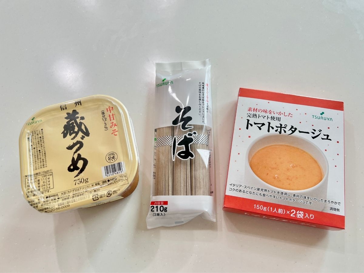 長野県のご当地スーパーツルヤで購入した信州味噌、そば、スープ