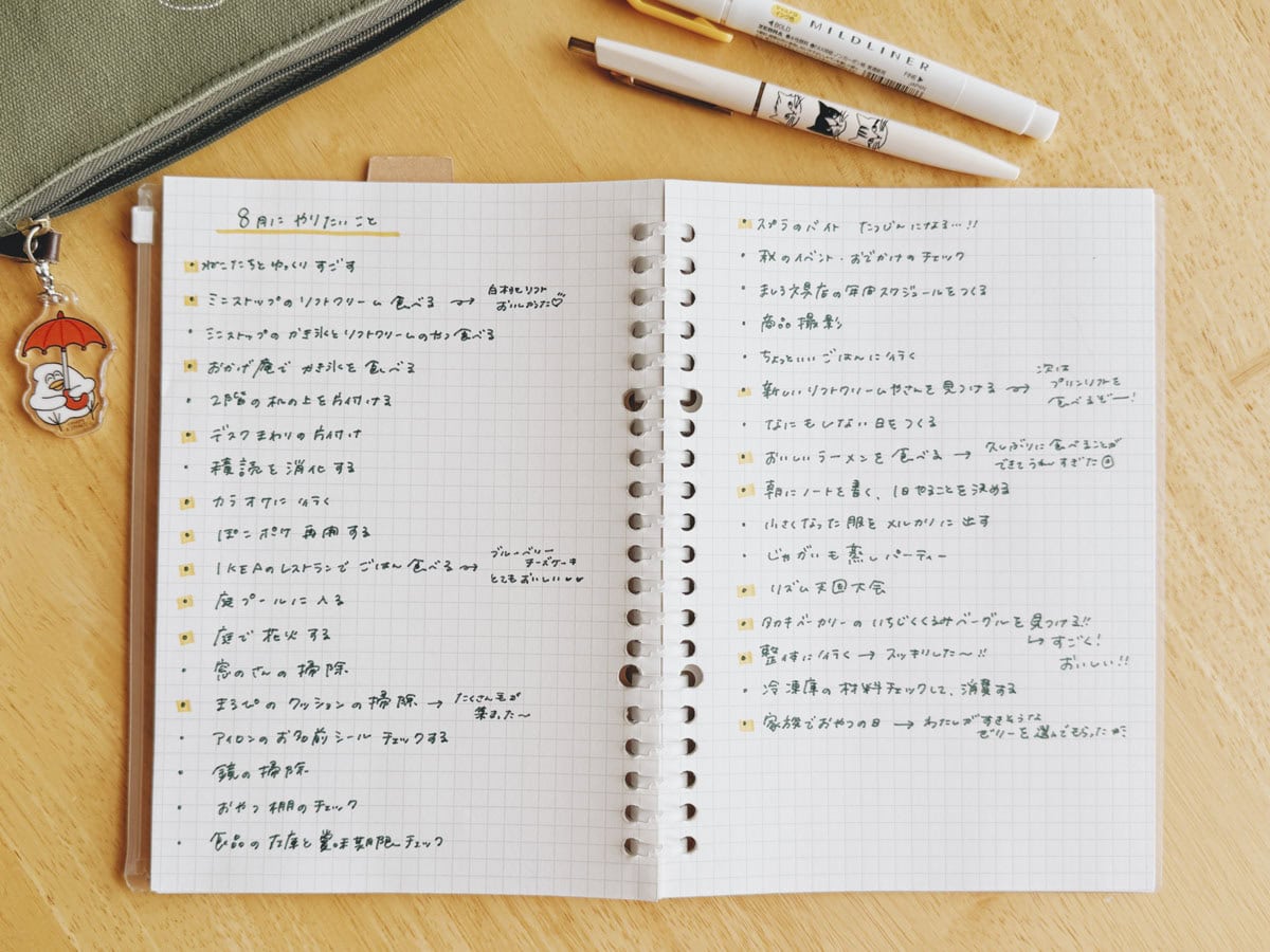 8月にやりたい!と思ったことを、そのままノートに書き出しました。食べたい気持ちがいっぱいのやりたいことリストです。