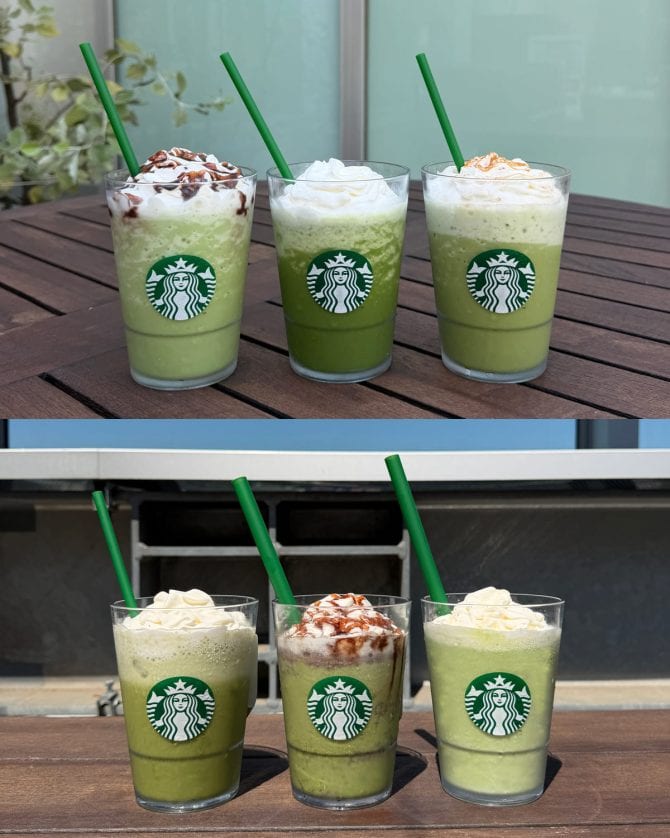 スタバの抹茶クリームフラペチーノをカスタムした6種類が並んでいる