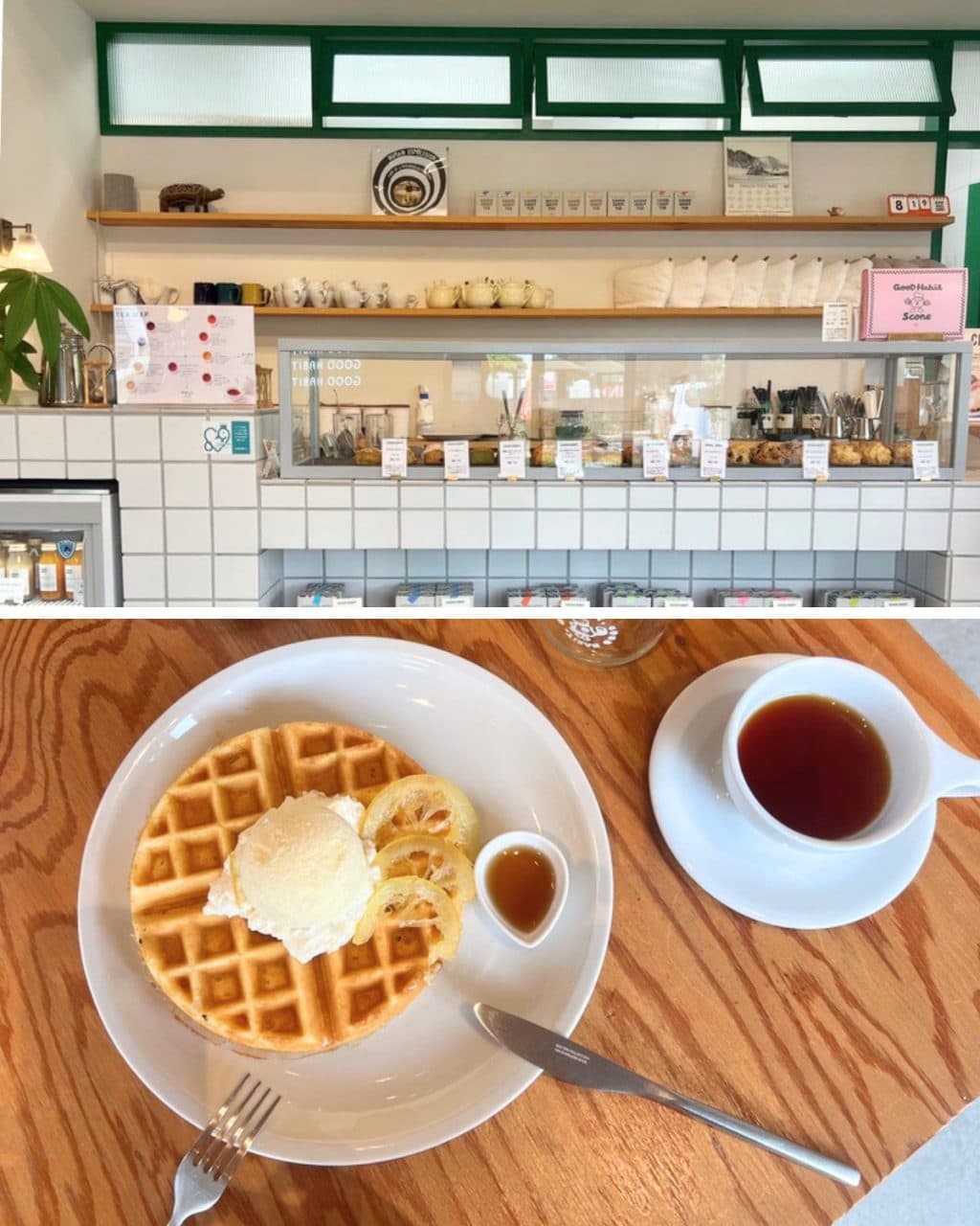 長野県佐久市の紅茶とスコーンがおいしいカフェGOODHABITの店内カウンターと米粉ワッフル