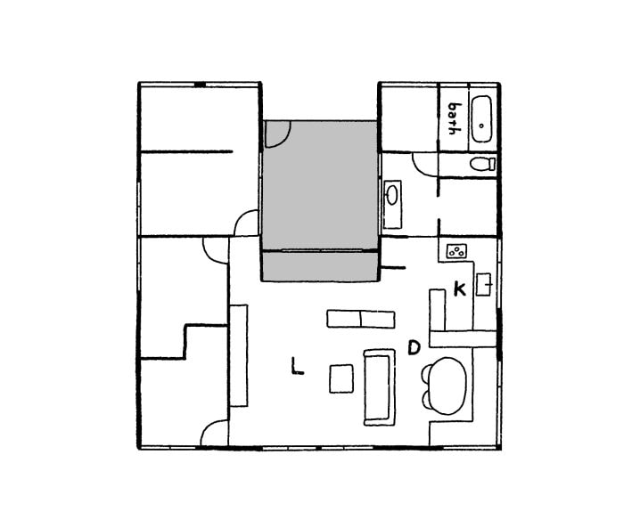 中庭がある平屋の一軒家の間取り図